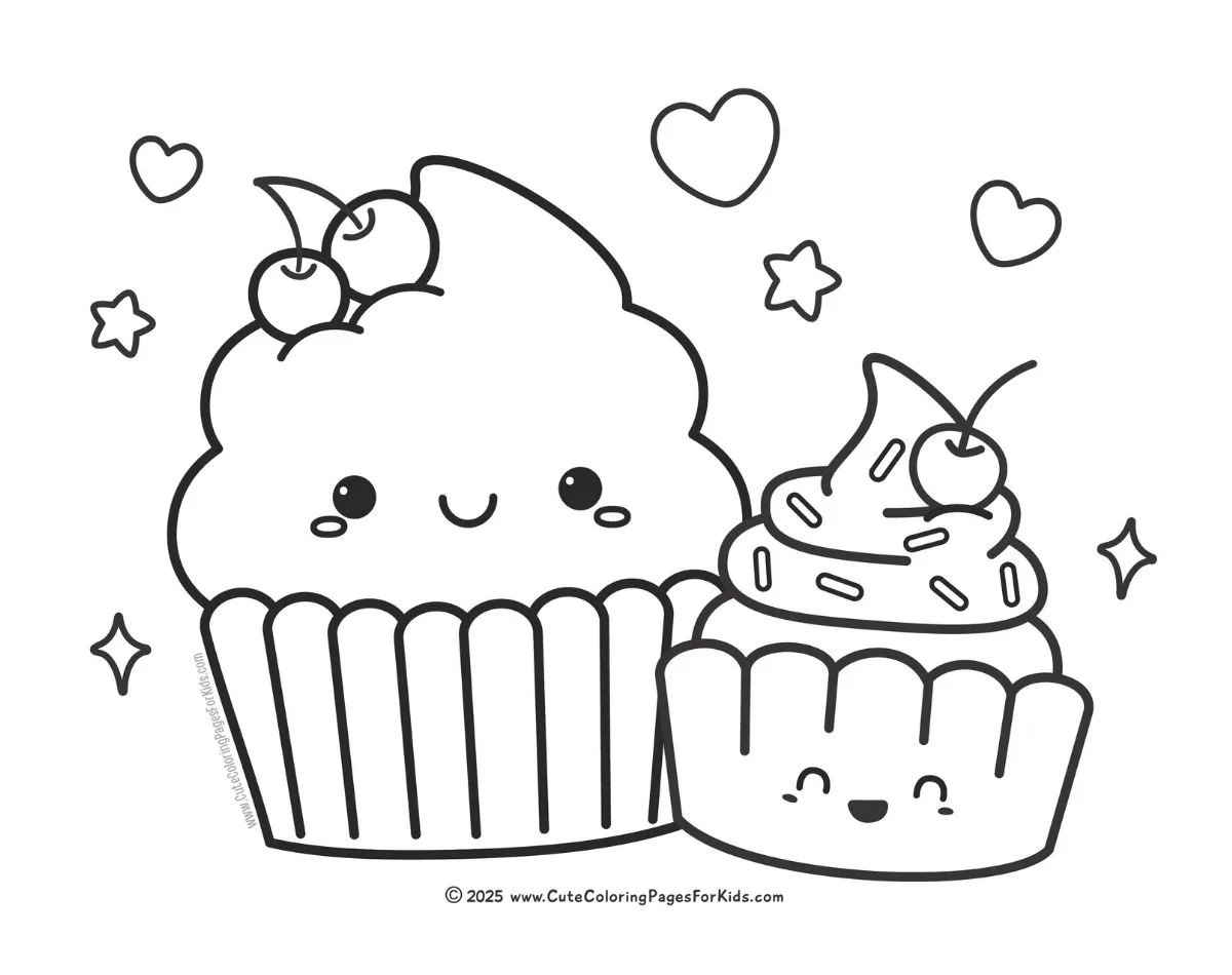 coloring page with two cute cupcakes with bold and simple lines