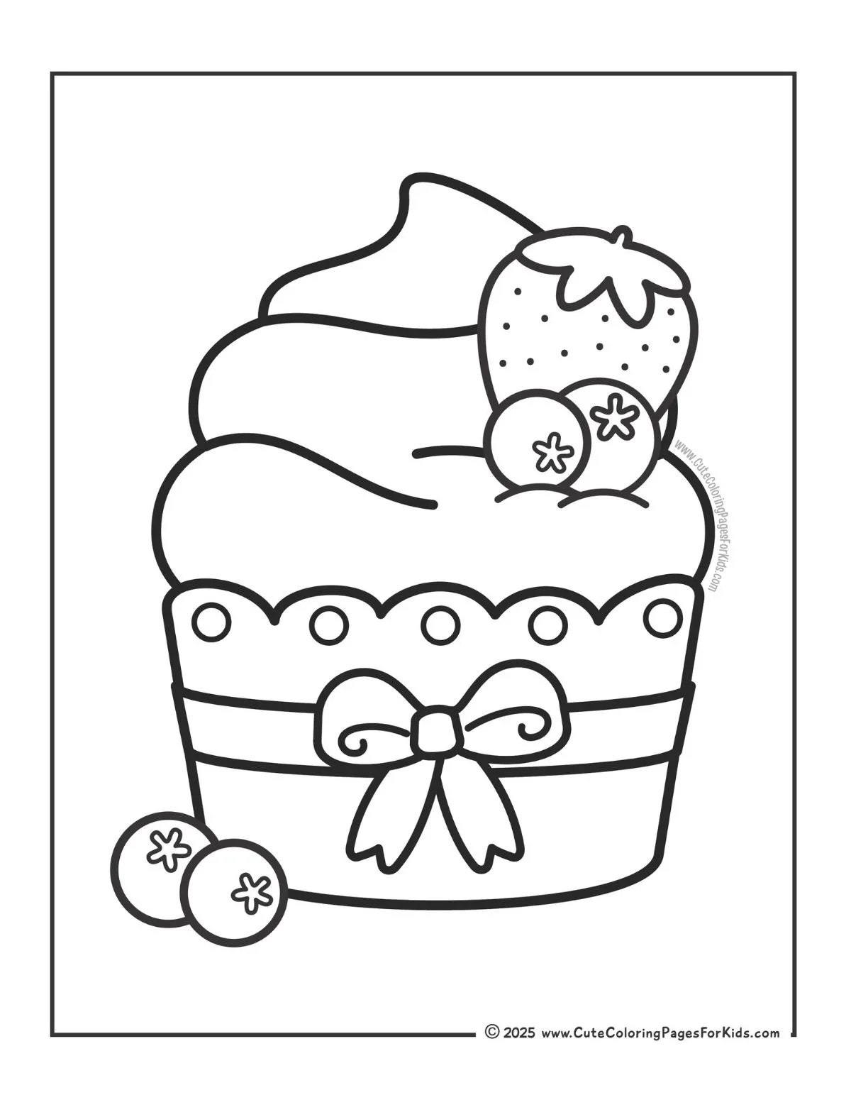 coloring page with a large cupcake topped with berries and a bow on the wrapper