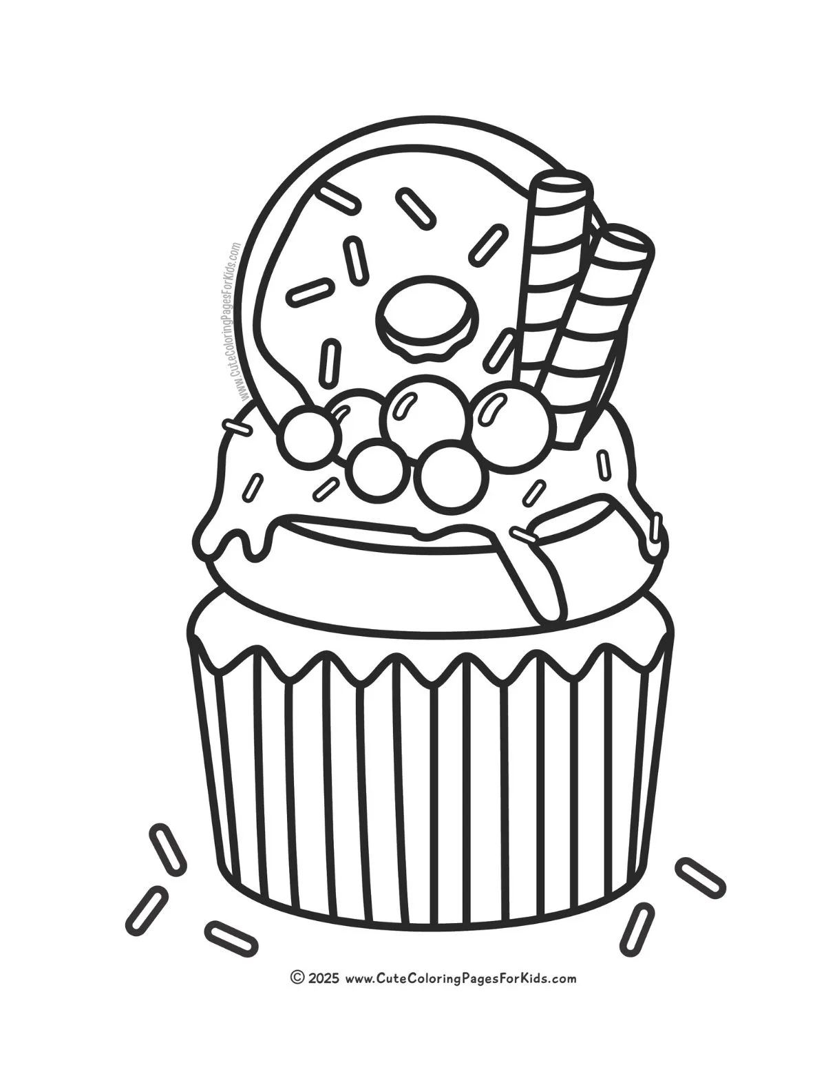 detailed cupcake coloring page with donut topper, straws, gumballs, and sprinkles