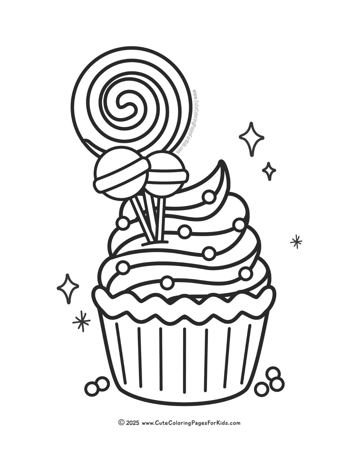 cupcake coloring page for teens and adults with detailed icing and lollipops