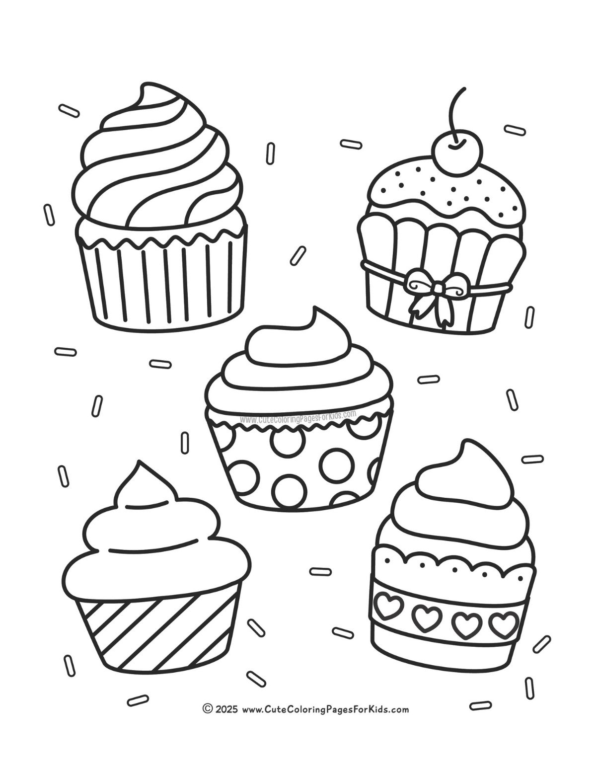 cupcake coloring page with assortment of cupcakes that have different patterns and designs