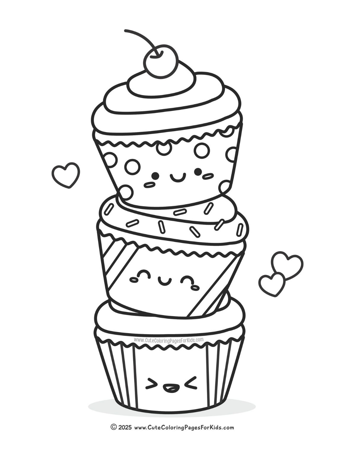 cupcakes coloring page with three cute cupcakes stacked on each other