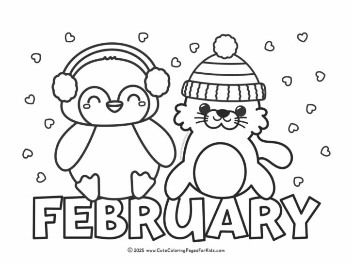 preschool coloring page with the word February with simple drawings of a penguin and seal