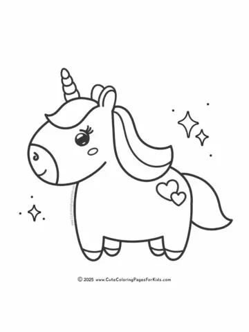 cute unicorn coloring page with easy shapes and chubby body