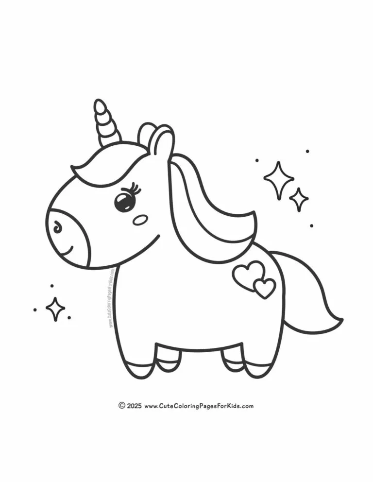 cute unicorn coloring page with easy shapes and chubby body