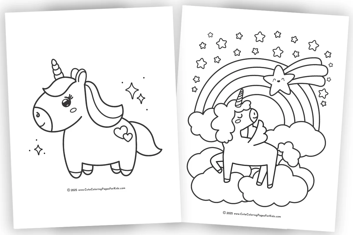 two unicorn coloring pages that are easy for kids