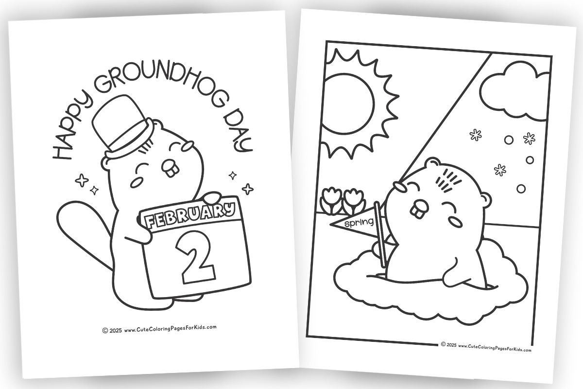 groundhog day coloring page printables with simple black line drawings