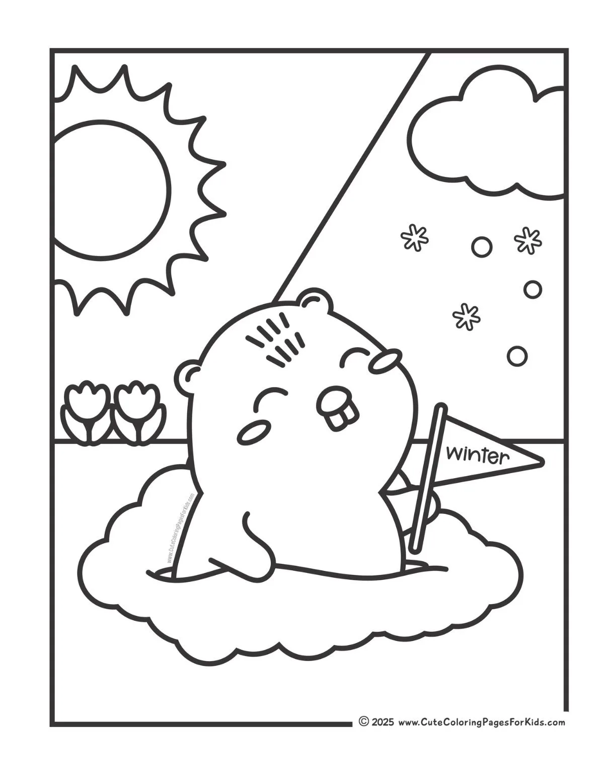 Groundhog day coloring page with groundhog predicting more winter 