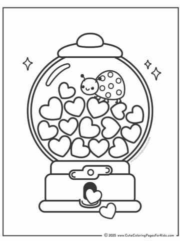 cute valentines coloring page featuring a heart gumball machine with bold and easy lines and a cute lovebug walking on top