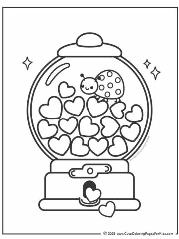 cute valentines coloring page featuring a heart gumball machine with bold and easy lines and a cute lovebug walking on top