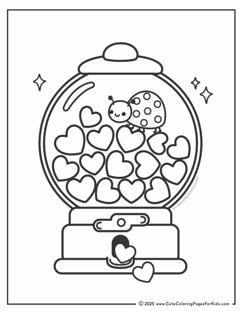 cute valentines coloring page featuring a heart gumball machine with bold and easy lines and a cute lovebug walking on top