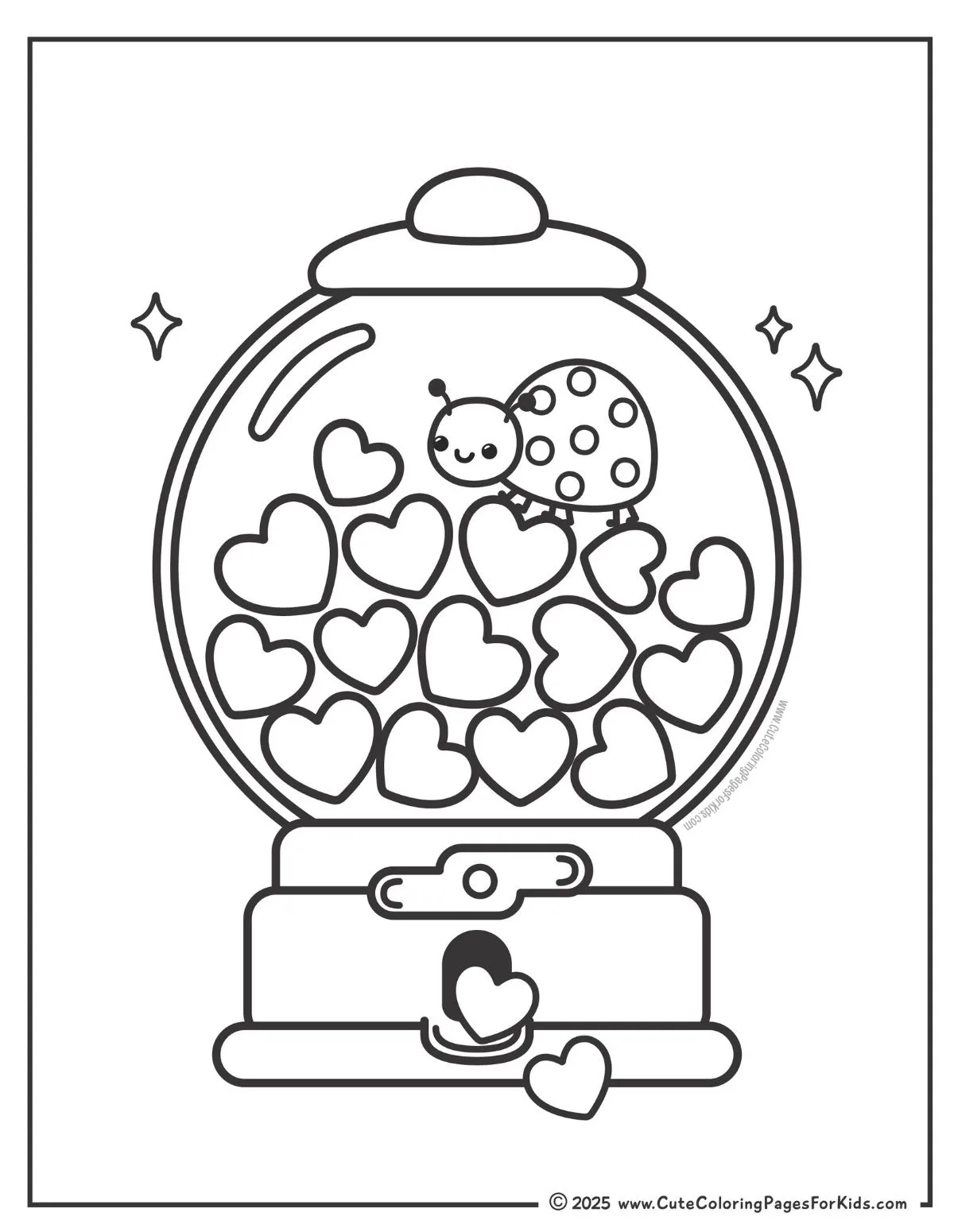 coloring page with bold and easy lines and picture of a gumball machine with little hearts in it and a cute lovebug walking on top