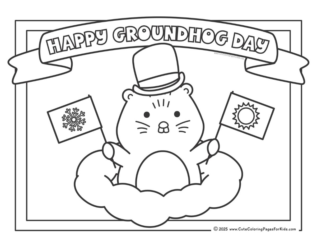 Happy groundhog day coloring page in landscape orientation