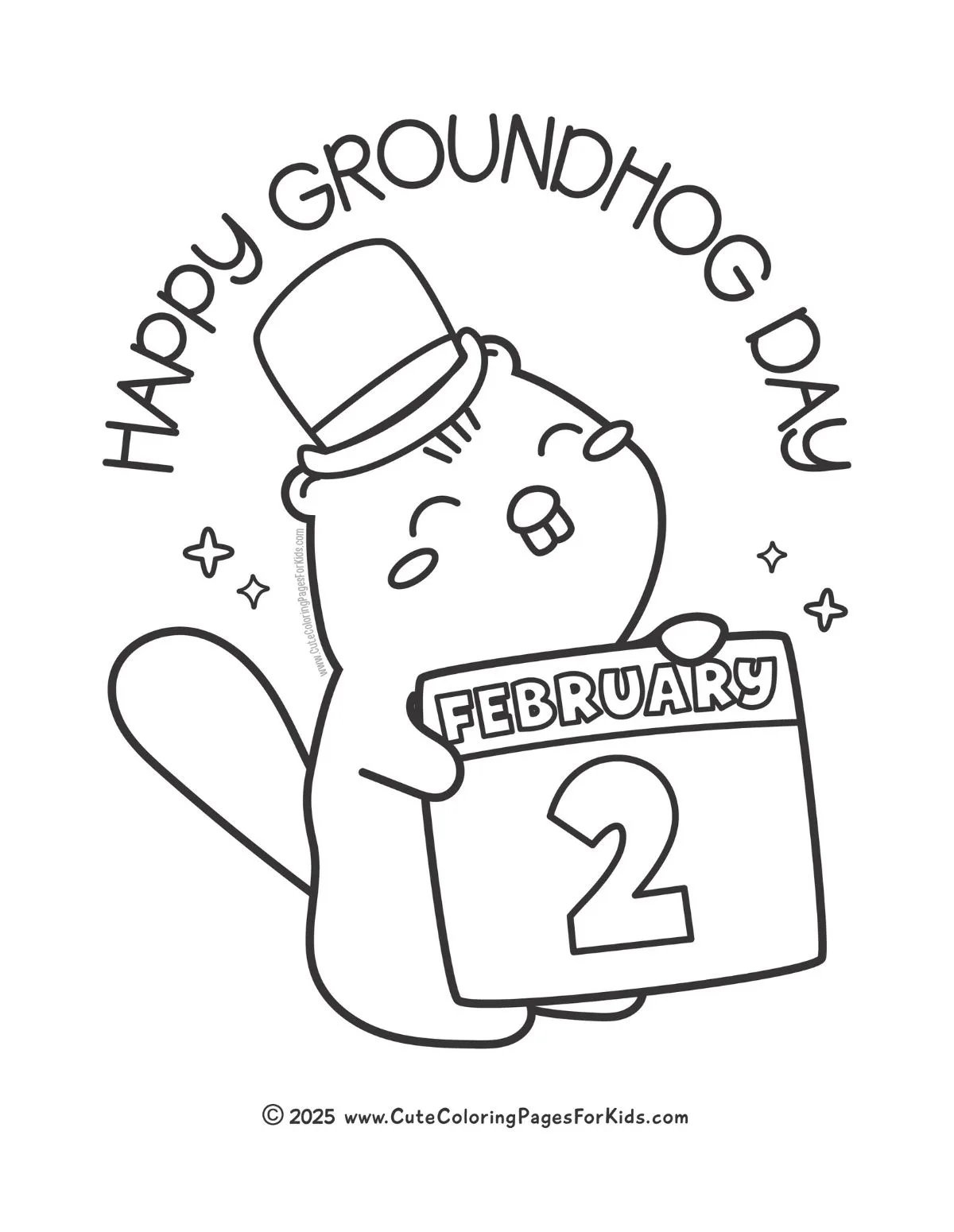 Happy Groundhog Day coloring page with February 2 calendar