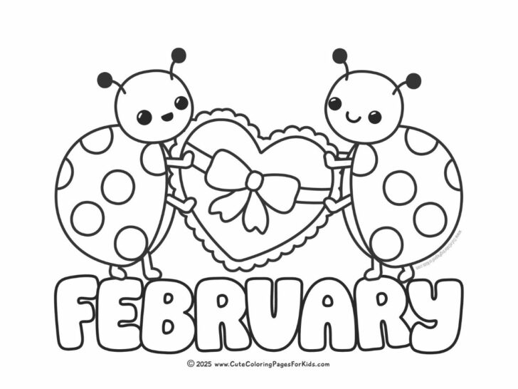 February coloring page with two cute ladybugs holding a heart with a bow