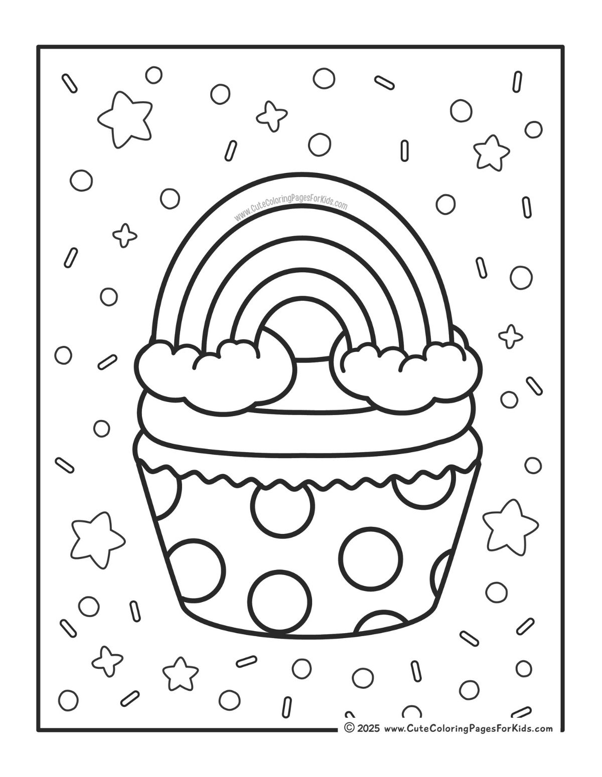 coloring page with rainbow topping on a cupcake with sprinkles and stars decorating the page