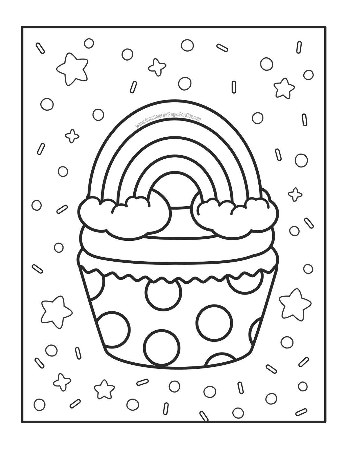 coloring page with rainbow topping on a cupcake with sprinkles and stars decorating the page