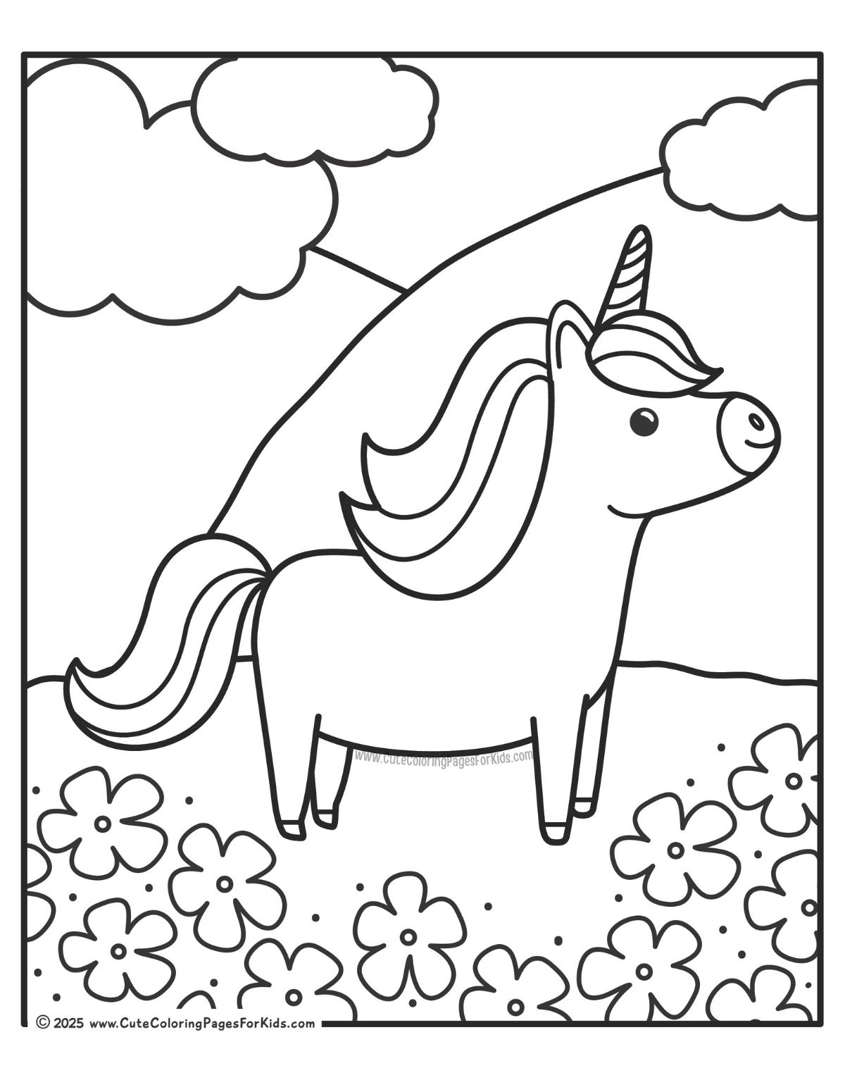 line drawing of unicorn in a field with flowers for coloring