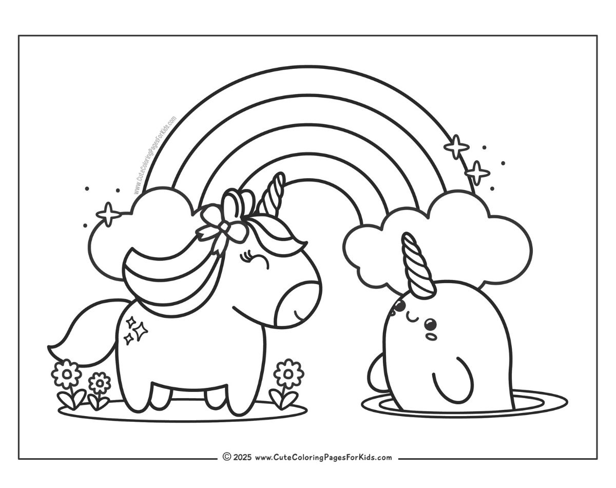 kawaii unicorn and narwhal coloring page