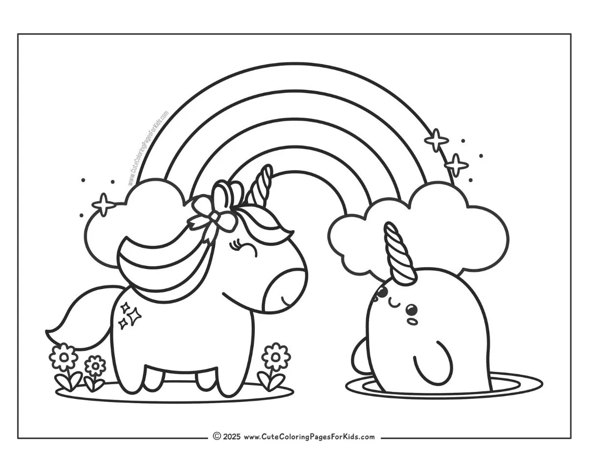 kawaii unicorn and narwhal coloring page