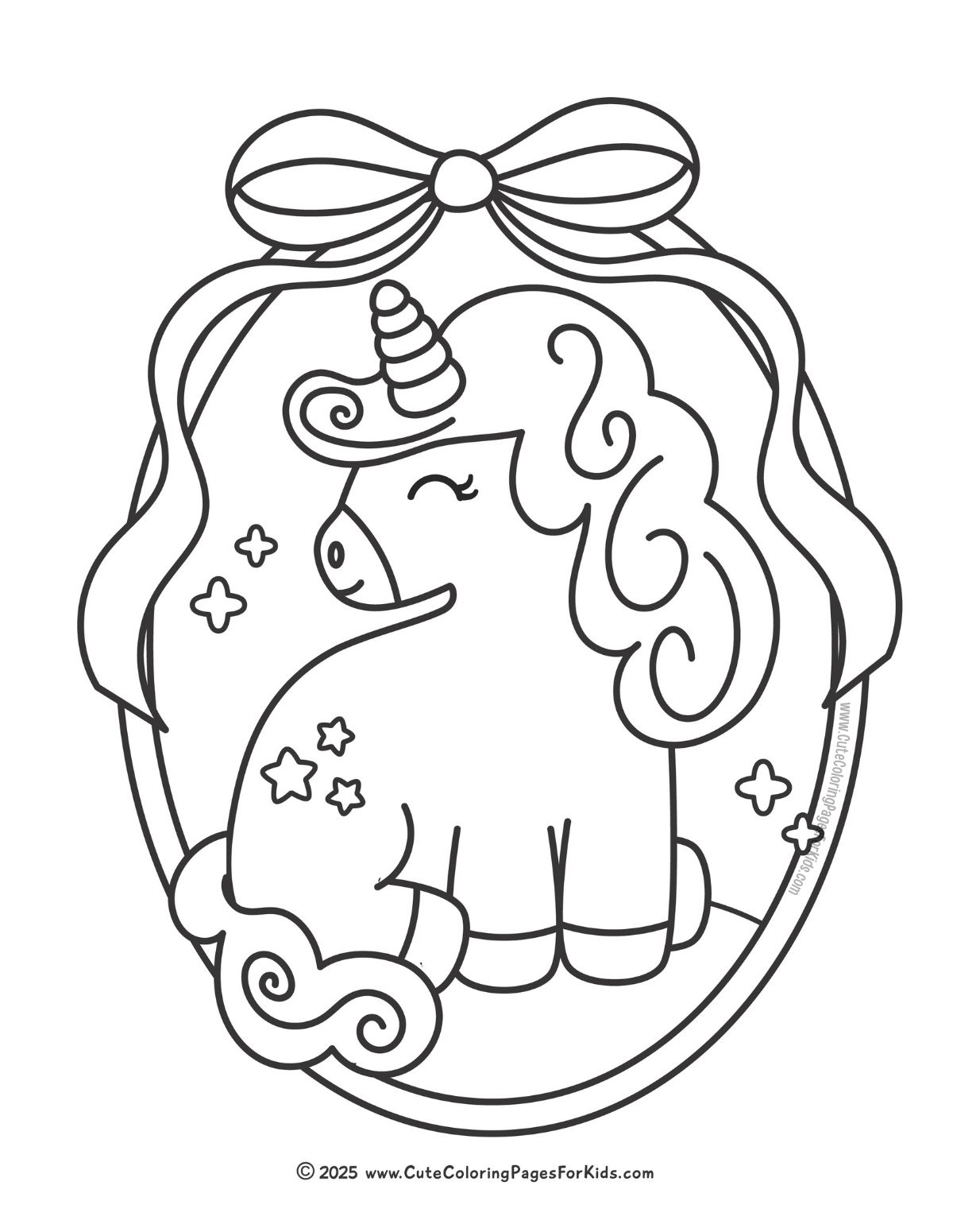 coloring page with pretty unicorn framed with a bow on top