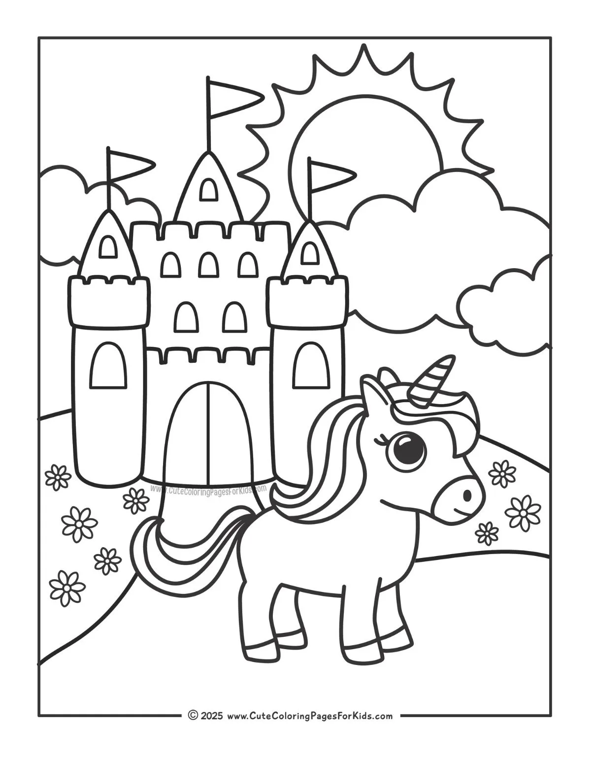 unicorn with castle coloring page