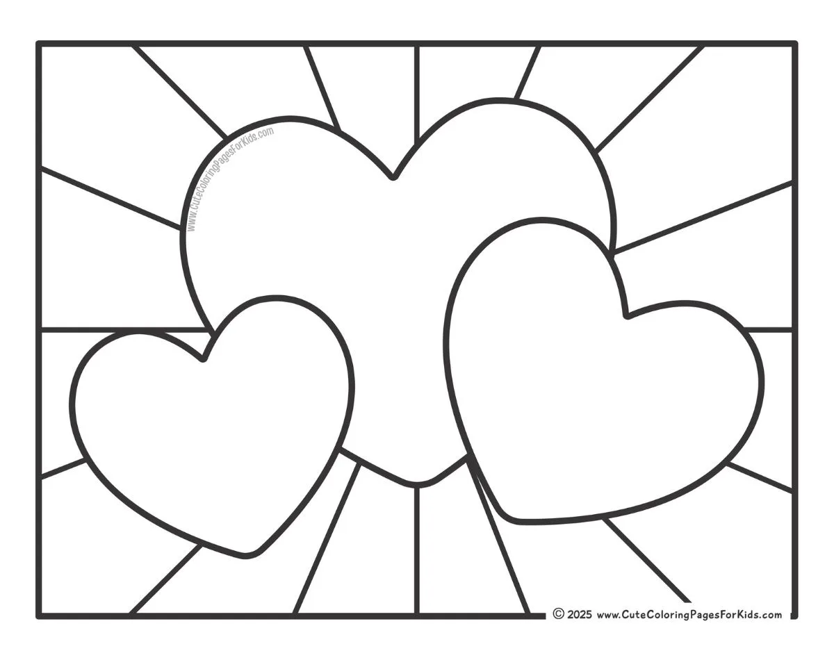 three heart shapes with starburst background designed with bold black lines for coloring