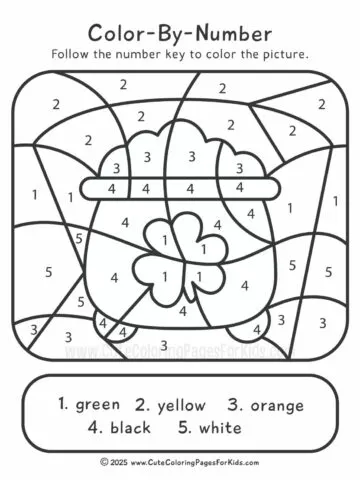 St. Patrick's Day color by number sheet with pot of gold and shamrock