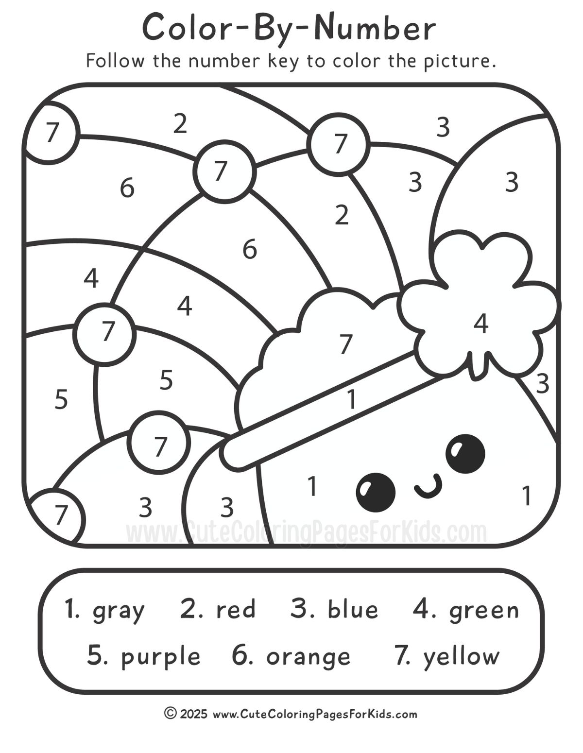 color by number sheet with picture of a rainbow pouring into a pot of gold