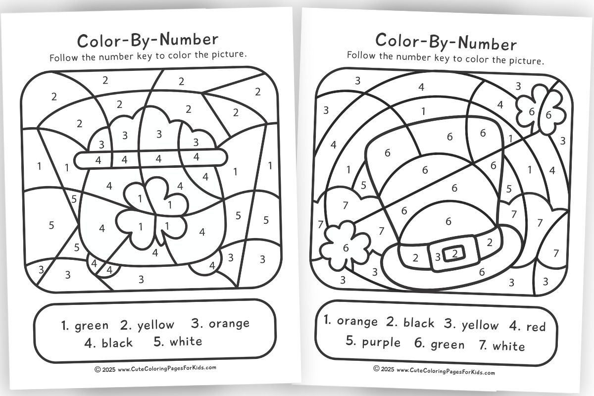 two st patrick's day themed color-by-number sheets for kids