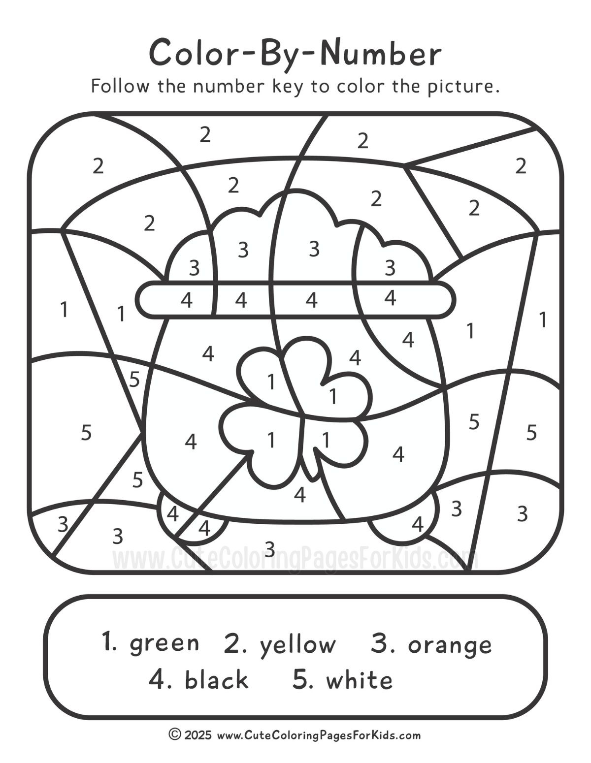 St. Patrick's Day color by number sheet with pot of gold and shamrock