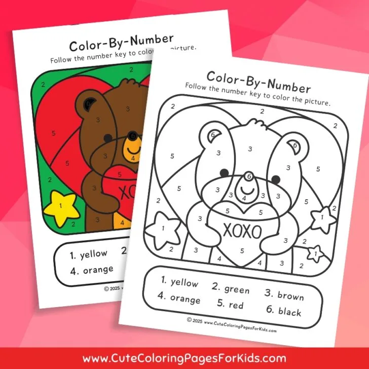 valentine bear color-by-number sheet on a pink background