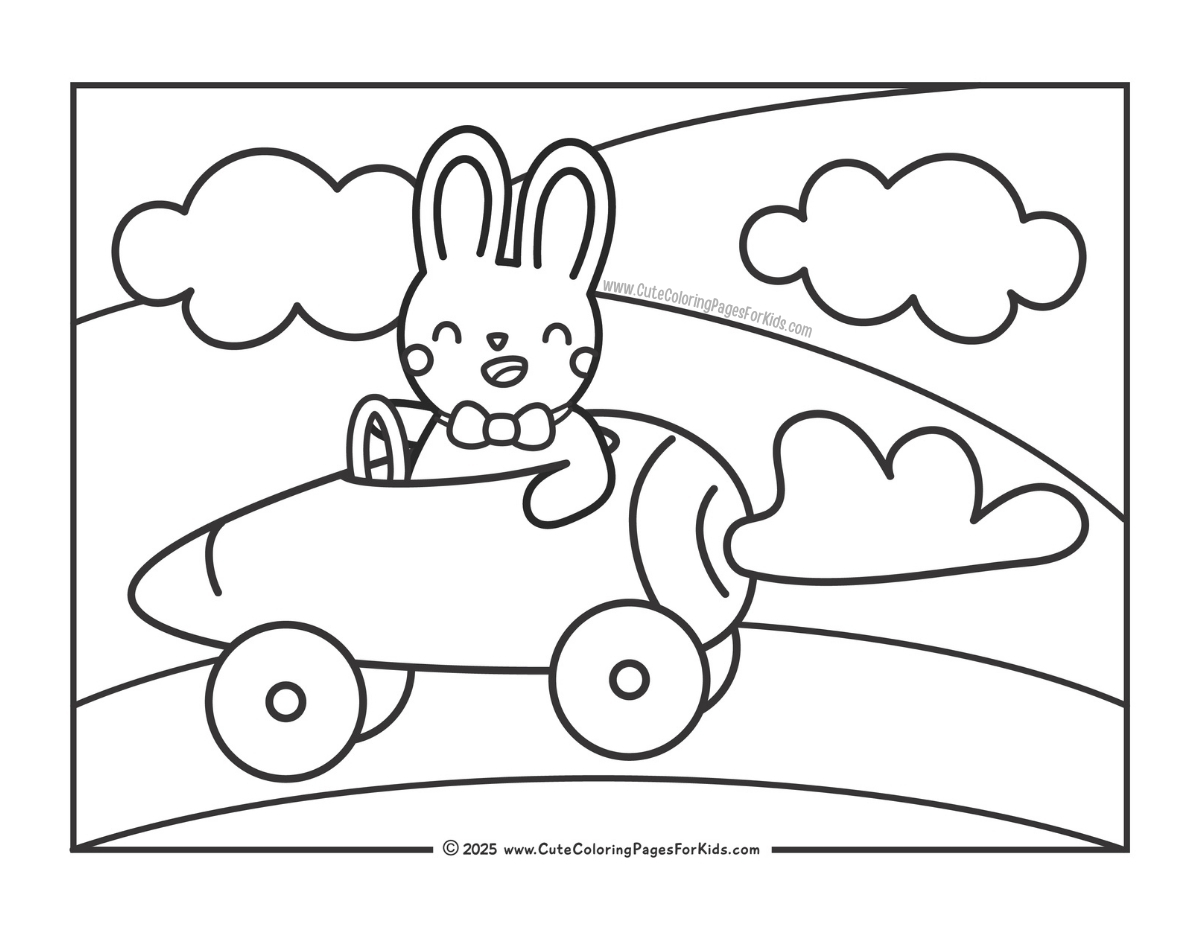 coloring page of a bunny in a carrot car riding through the countryside