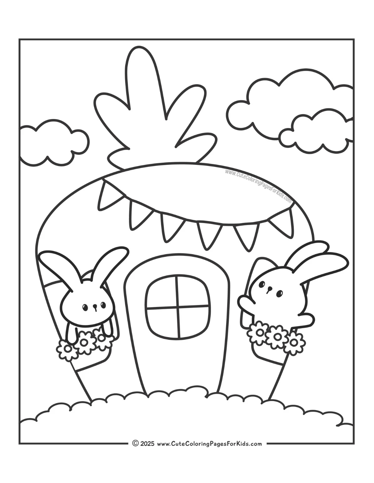 two bunnies in a carrot house coloring page