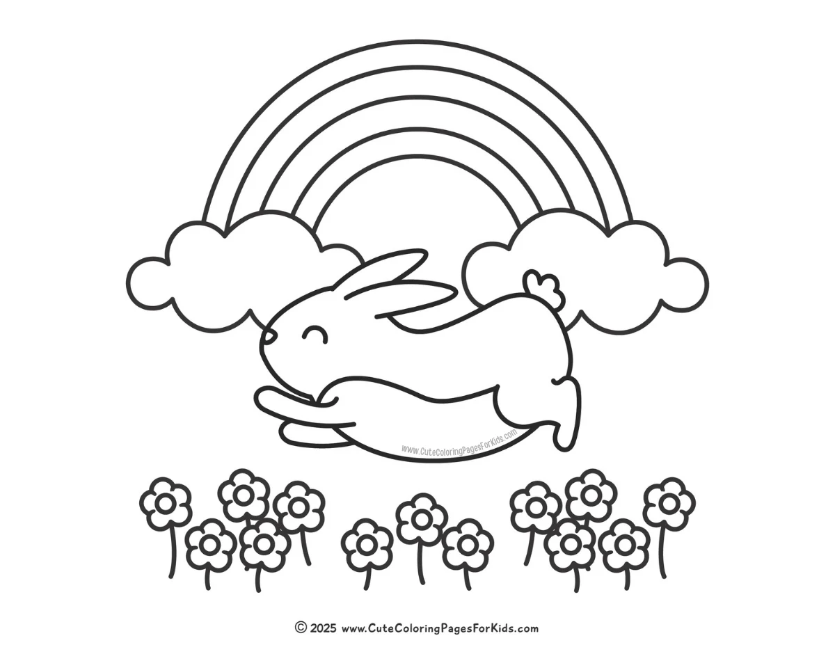 coloring page of bunny leaping over flowers with a rainbow in the background