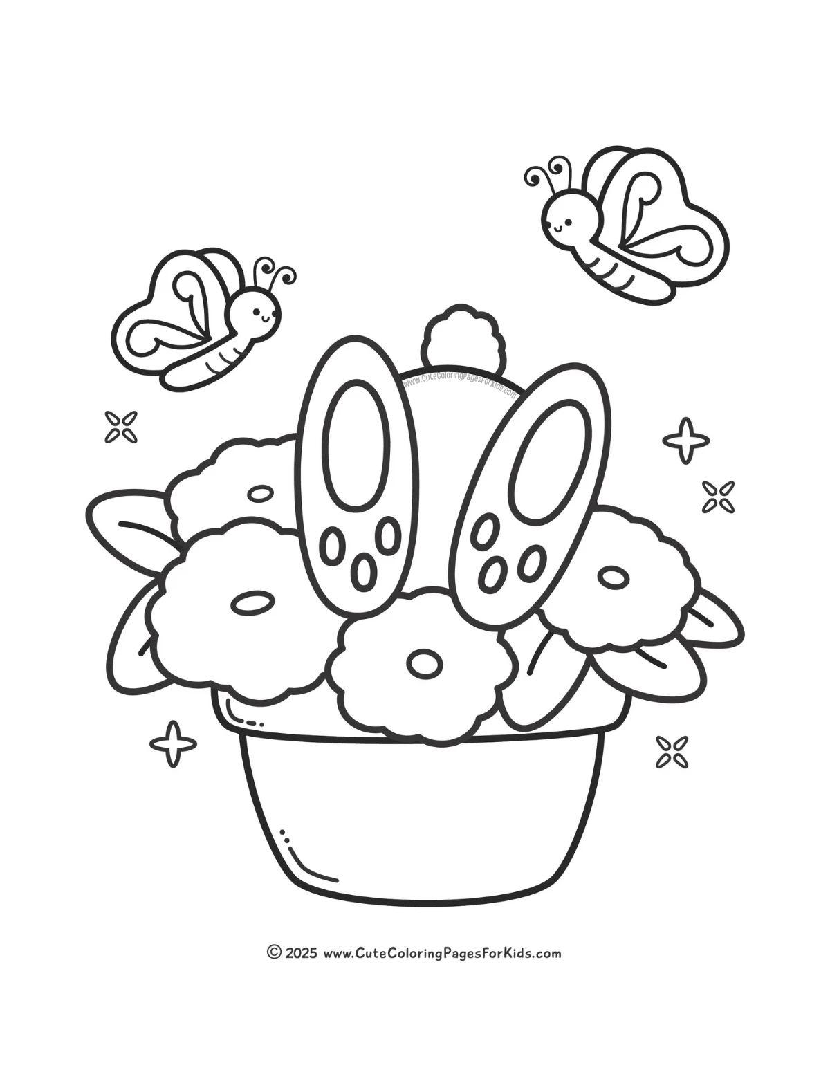 coloring page of a flower pot with a bunny's bum and feet sticking out of the top and two cute butterflies above