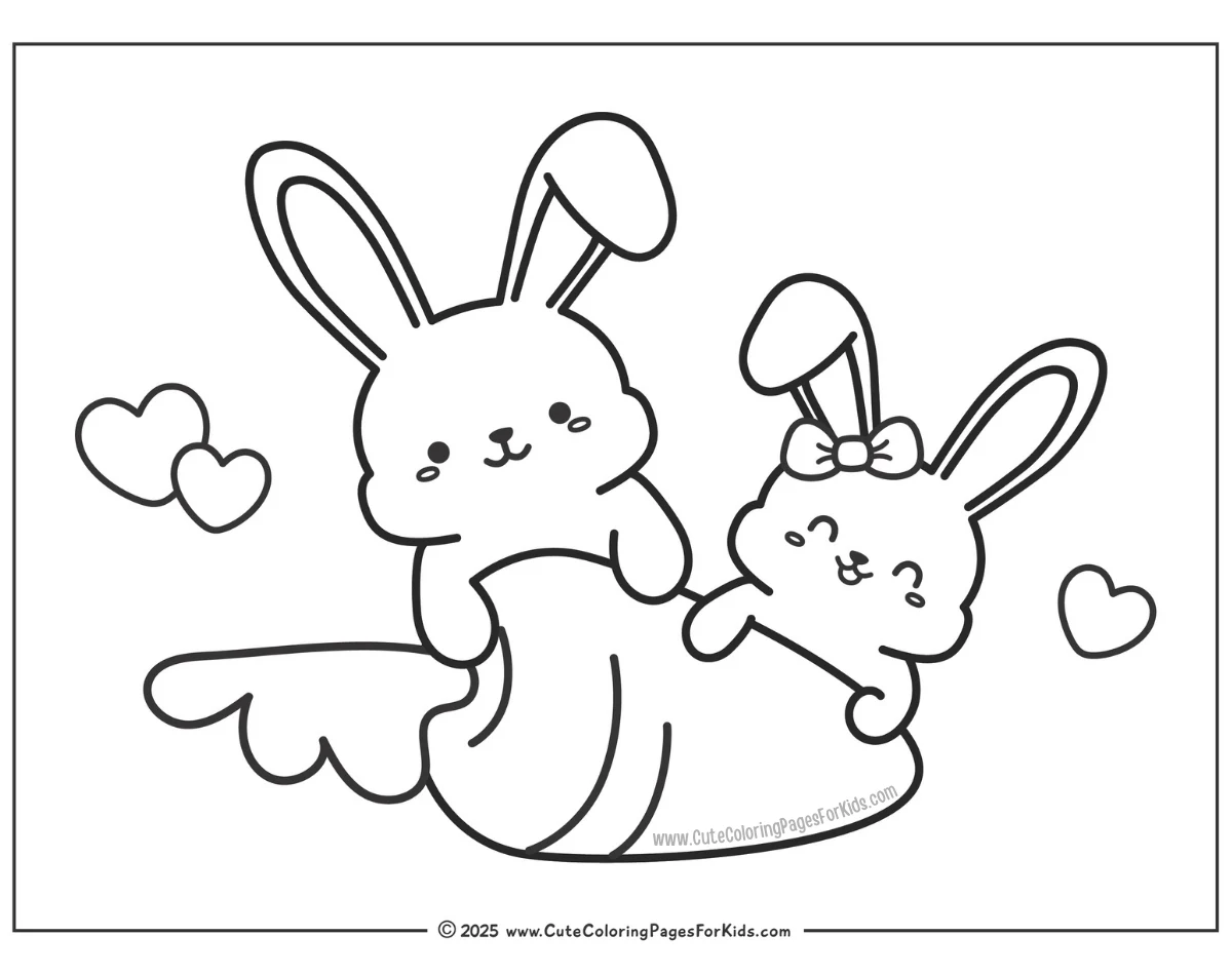 cute bunny coloring page with two bunnies holding a giant carrot