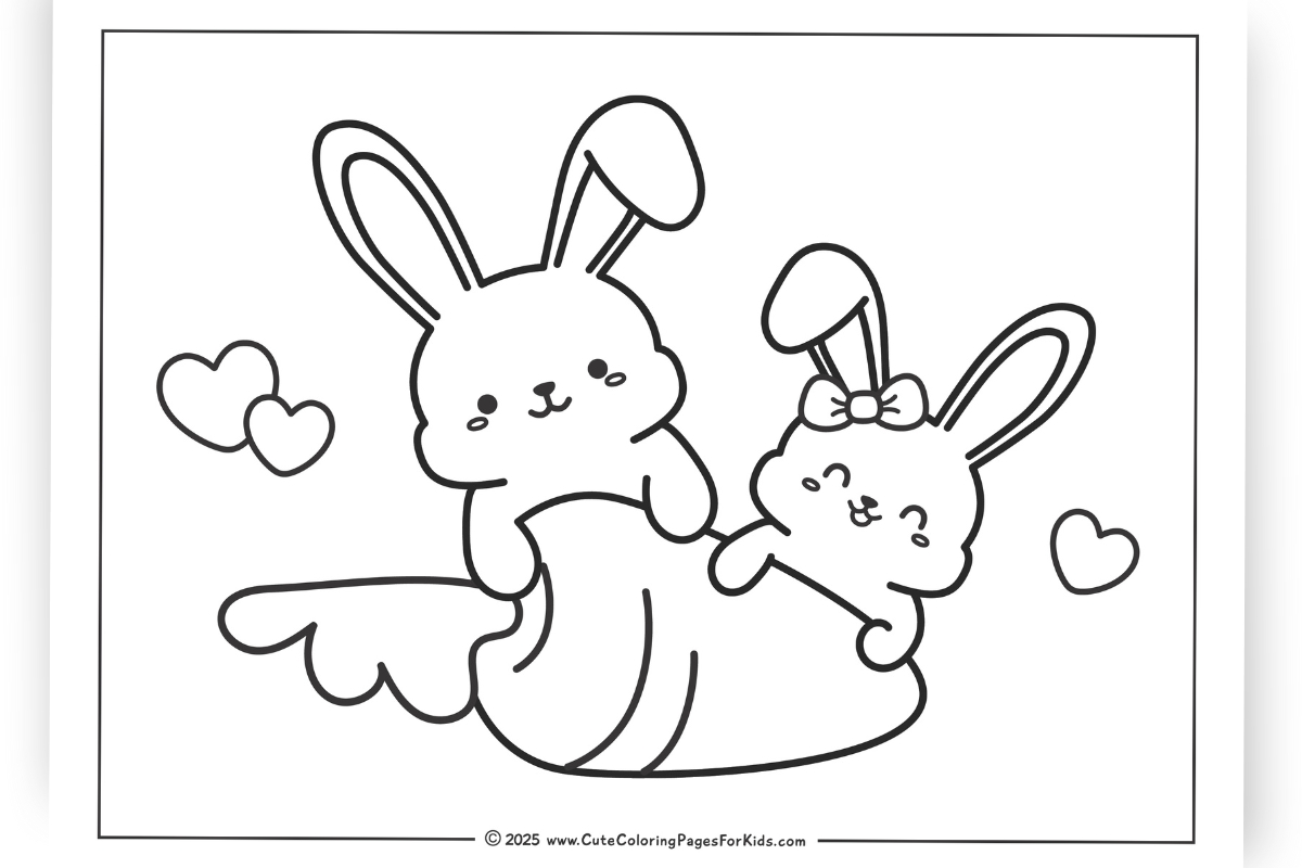 printouts of a cute bunny coloring page with two rabbits leaning on a giant carrot