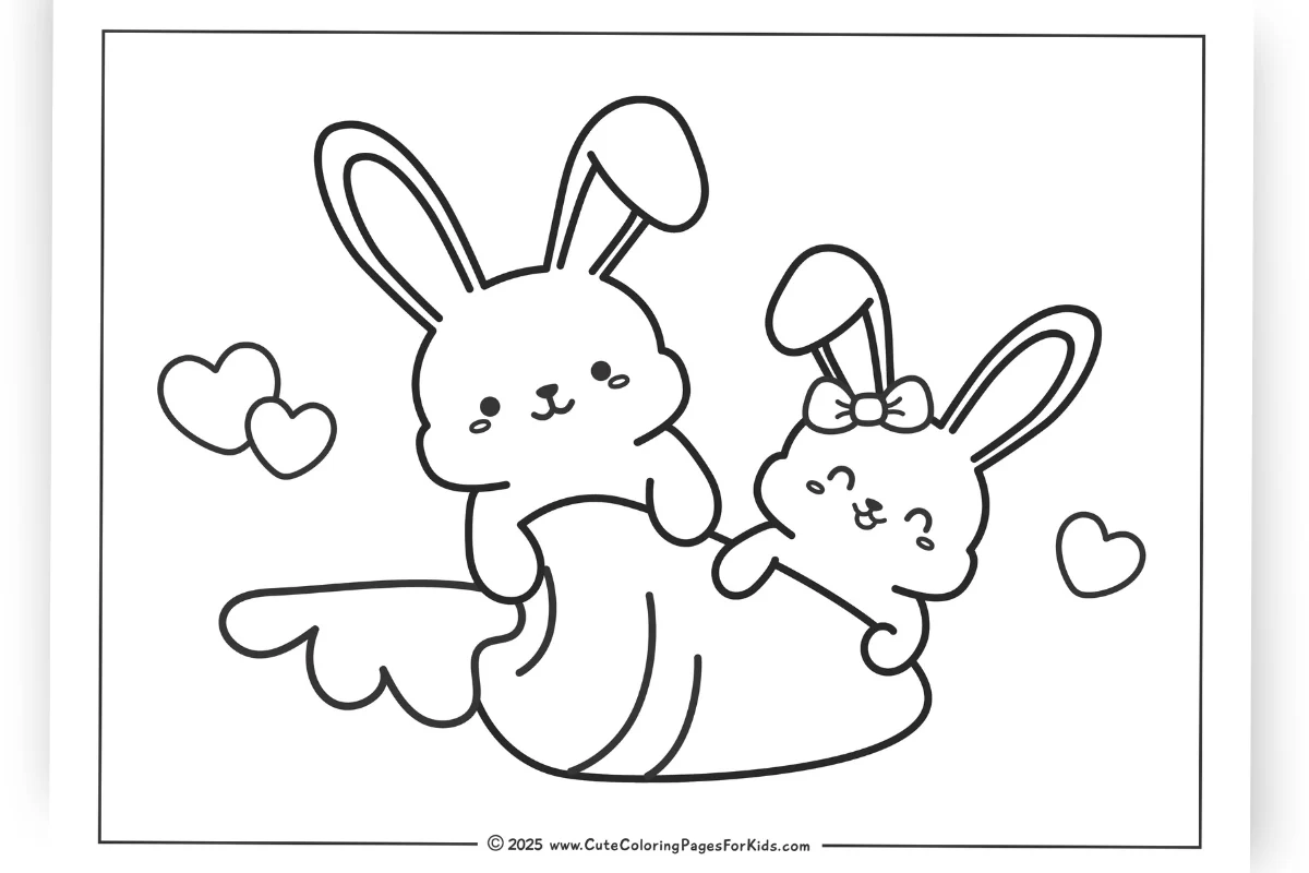 printouts of a cute bunny coloring page with two rabbits leaning on a giant carrot