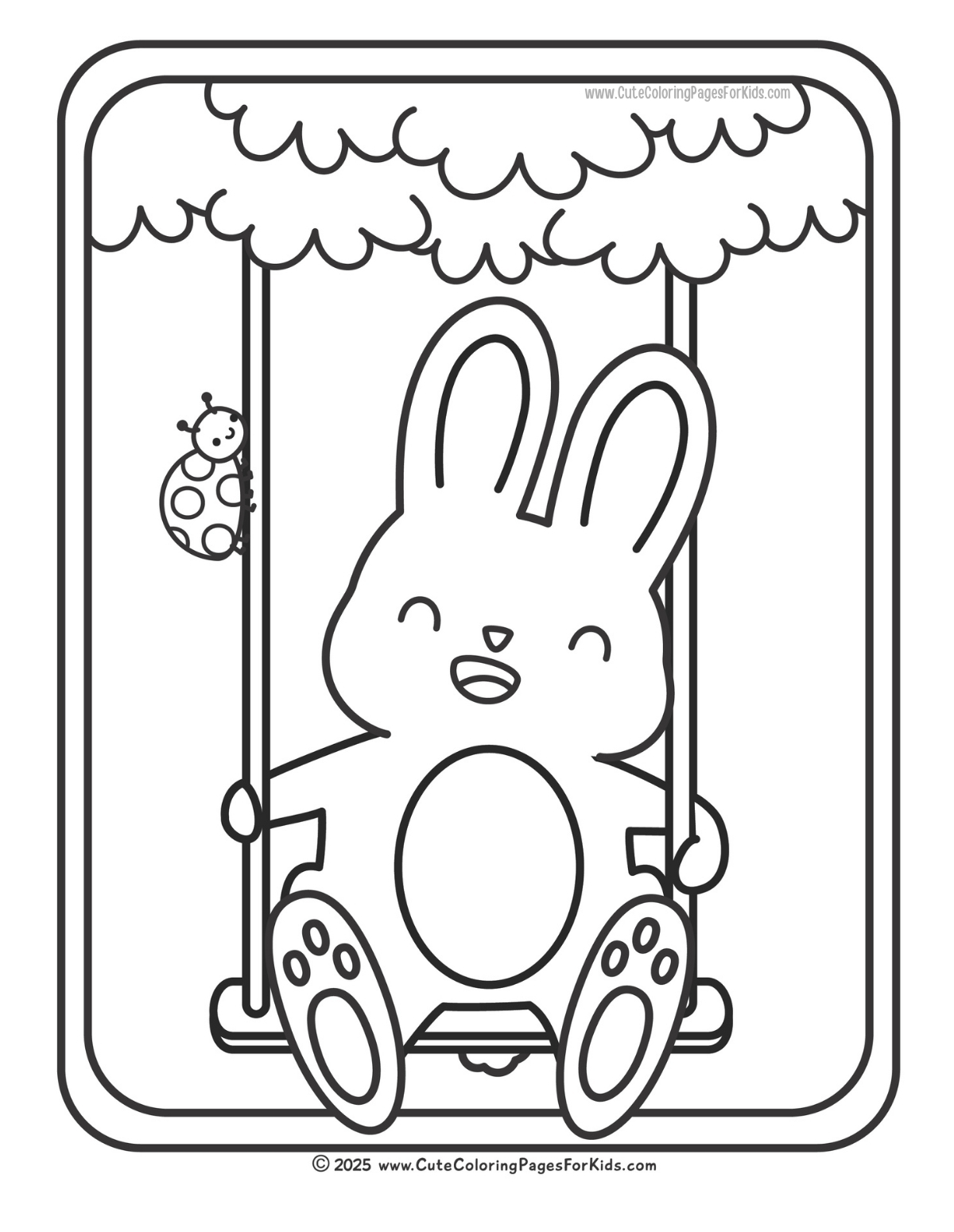 coloring sheet with picture of a bunny on a swing that hangs from a tree