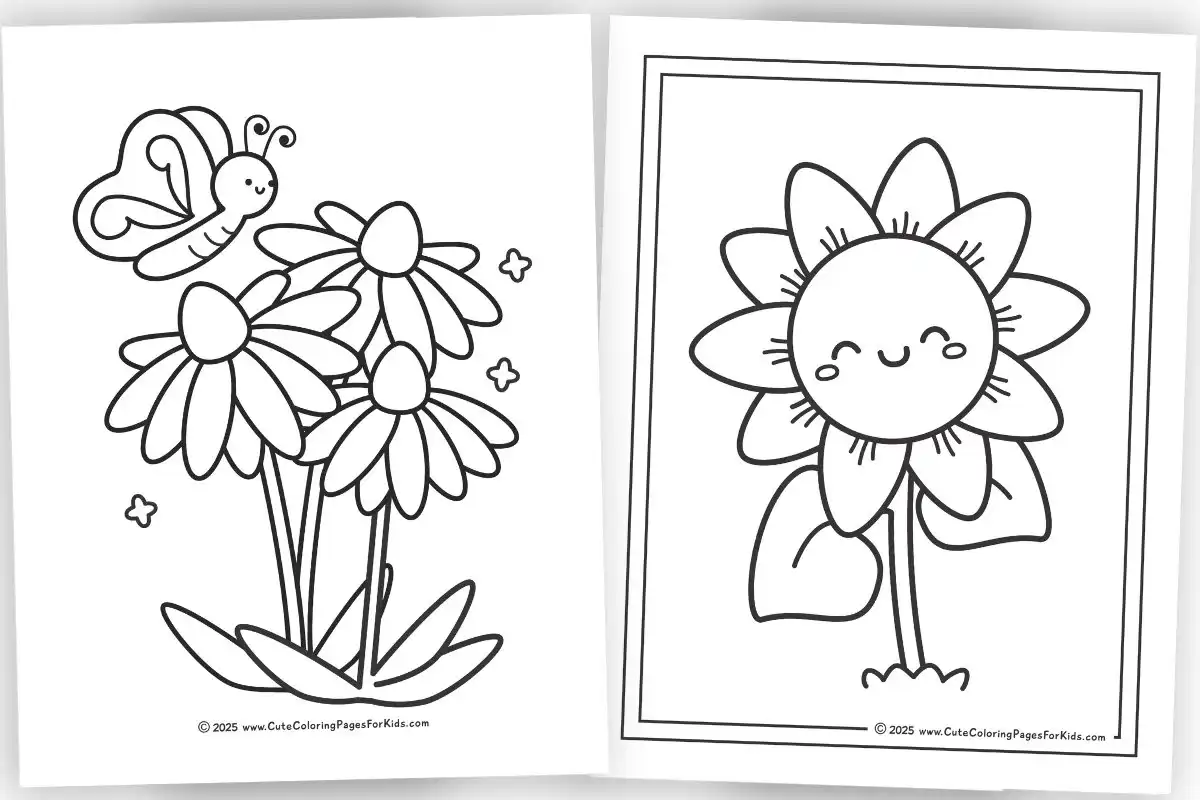 two flower coloring sheets with cute sunflower and a butterfly with easy flowers to color