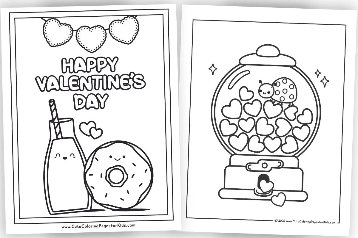 image of two valentines coloring pages with simple pictures of cute milk and donut and a gumball machine with hearts and lovebug.