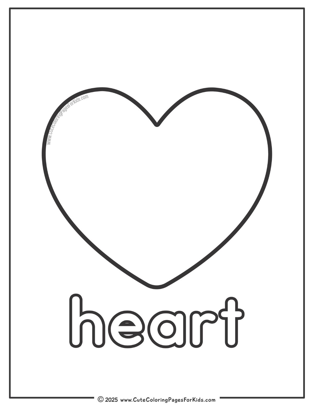 preschool heart coloring page with simple heart shape and word label