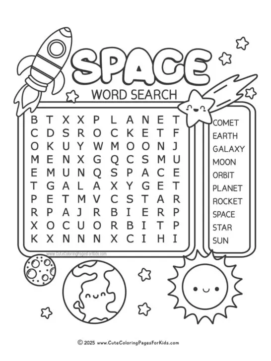 space word search puzzle in black and white with rocket, comets, and planet cute illustrations decorating the page