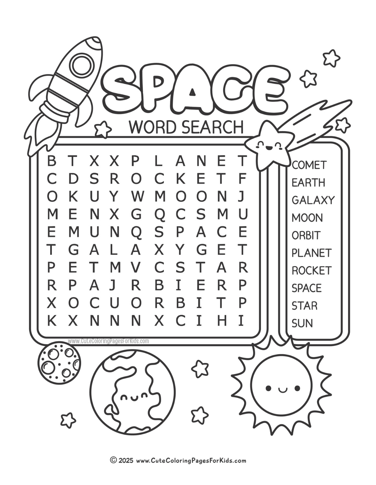 space word search puzzle in black and white with rocket, comets, and planet cute illustrations decorating the page