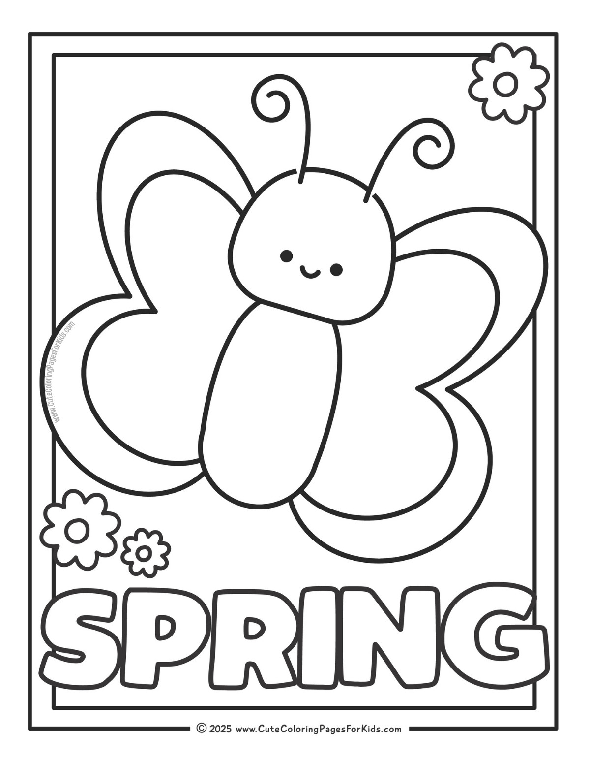 easy spring coloring page with cute butterfly and simple flowers