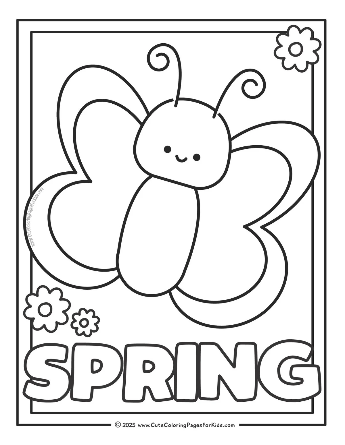 easy spring coloring page with cute butterfly and simple flowers