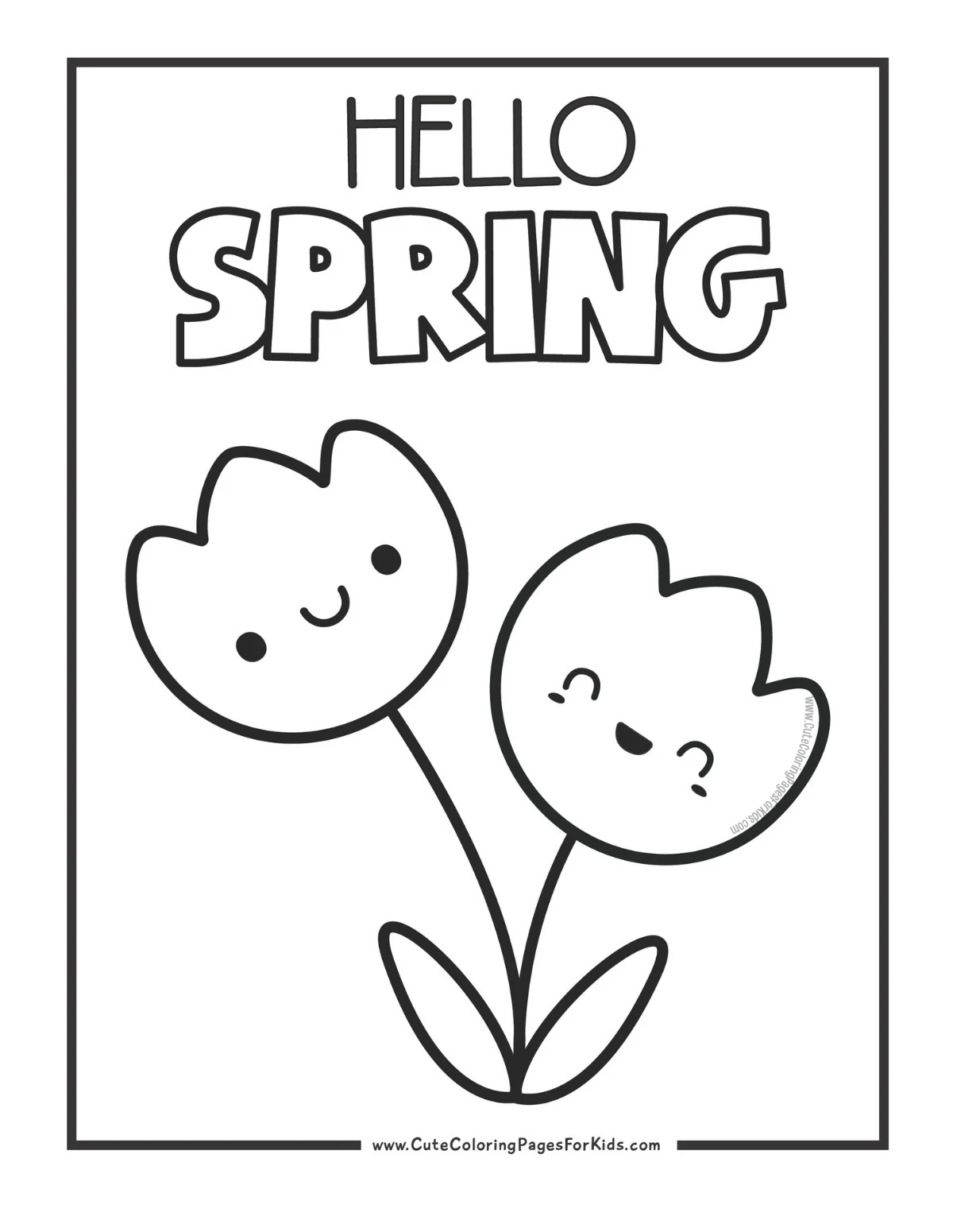 easy Hello Spring coloring page with simple tulip drawing