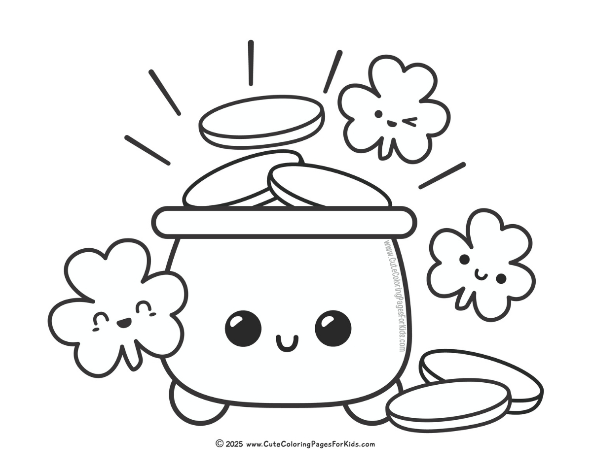 st patricks day coloring page with easy pot of gold and shamrock shapes to color