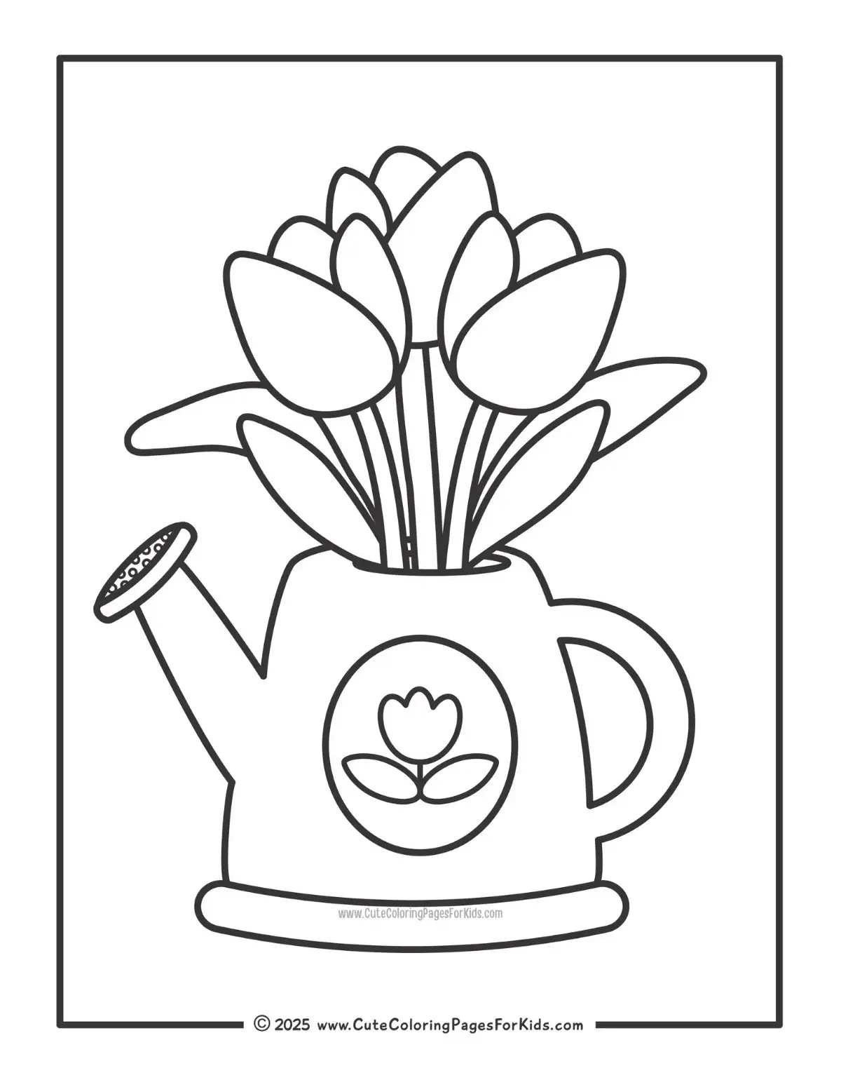 coloring page with tulips in a watering can with simple shapes to color